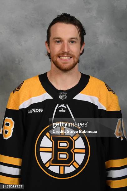 Matt Grzelcyk of the Boston Bruins poses for his official headshot for the 2022-2023 season on September 22, 2022 at WGBH in Boston, Massachusetts.
