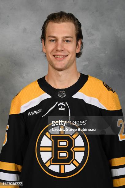 Brandon Carlo of the Boston Bruins poses for his official headshot for the 2022-2023 season on September 23, 2022 at WGBH in Boston, Massachusetts.