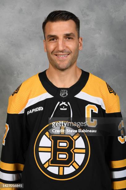 Patrcice Bergeron of the Boston Bruins poses for his official headshot for the 2022-2023 season on September 23, 2022 at WGBH in Boston,...