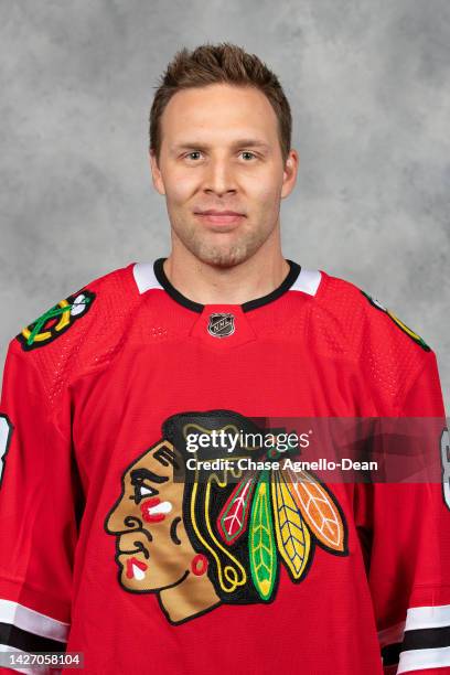 September 21: Jack Johnson of the Chicago Blackhawks poses for his official headshot for the 2022-2023 season on September 21, 2022 at the United...