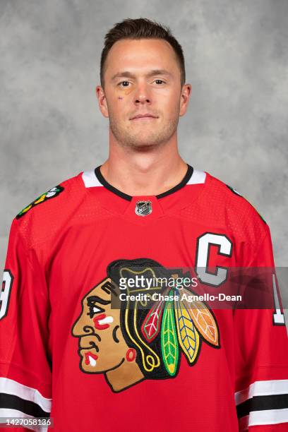 September 21: Jonathan Toews of the Chicago Blackhawks poses for his official headshot for the 2022-2023 season on September 21, 2022 at the United...
