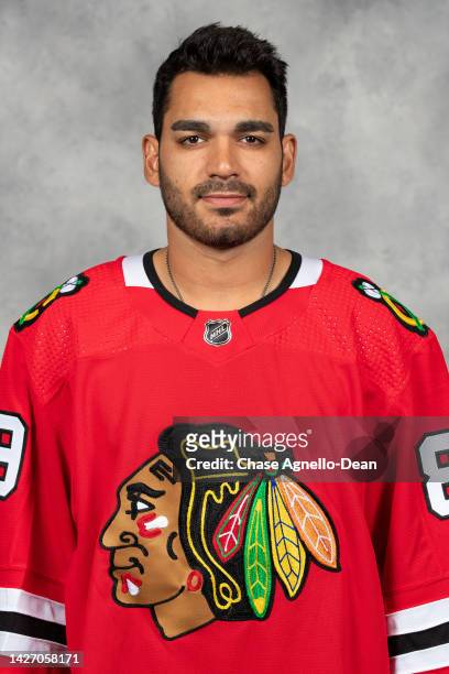 September 21: Andreas Athanasiou of the Chicago Blackhawks poses for his official headshot for the 2022-2023 season on September 21, 2022 at the...