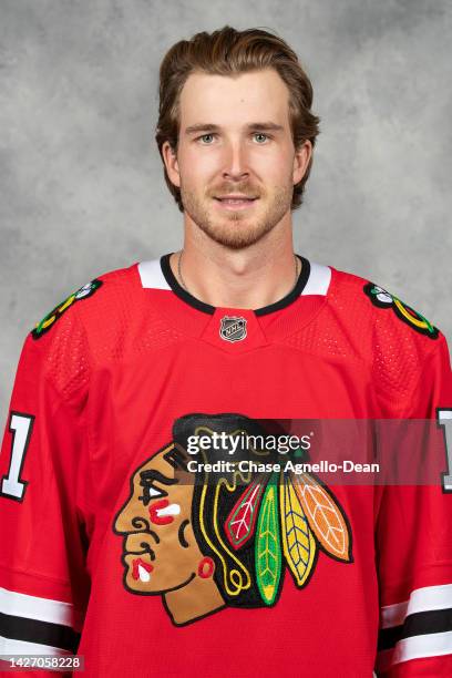 September 21:Taylor Raddysh of the Chicago Blackhawks poses for his official headshot for the 2022-2023 season on September 21, 2022 at the United...