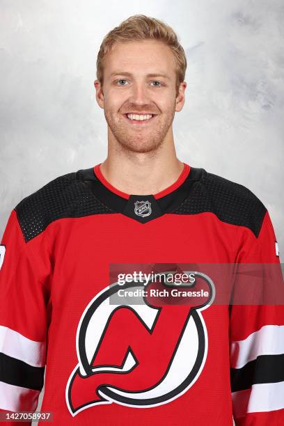 Dougie Hamilton of the New Jersey Devils poses for his official headshot for the 2022-2023 season on September 21, 2022 at Prudential Center in...