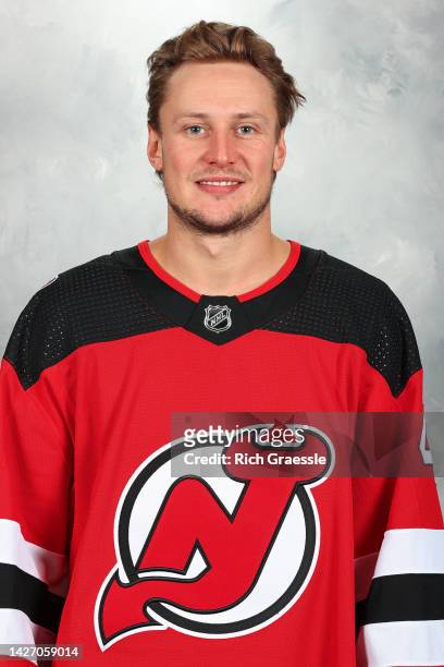Vitek Vanececk of the New Jersey Devils poses for his official headshot for the 2022-2023 season on September 21, 2022 at Prudential Center in...