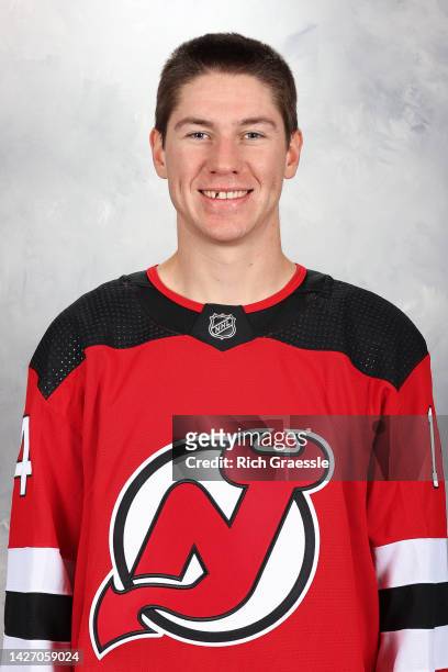 Nathan Bastian of the New Jersey Devils poses for his official headshot for the 2022-2023 season on September 21, 2022 at Prudential Center in...