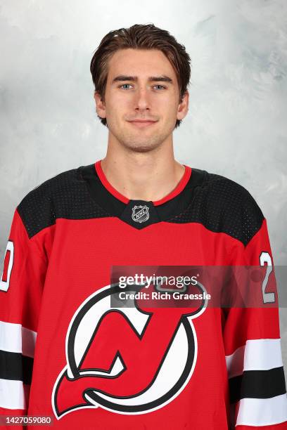 Michael McLeod of the New Jersey Devils poses for his official headshot for the 2022-2023 season on September 21, 2022 at Prudential Center in...