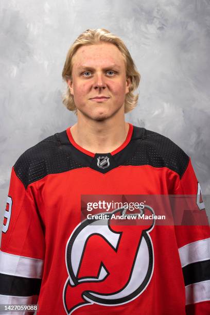 Fabian Zetterlund of the New Jersey Devils poses for his official headshot for the 2021-2022 season on September 24, 2021 at Prudential Center in...