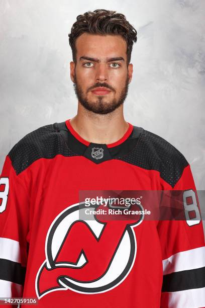 Kevin Bahl of the New Jersey Devils poses for his official headshot for the 2022-2023 season on September 14, 2022 at Prudential Center in Newark,...