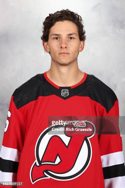 John Marino of the New Jersey Devils poses for his official headshot for the 2022-2023 season on September 21, 2022 at Prudential Center in Newark,...