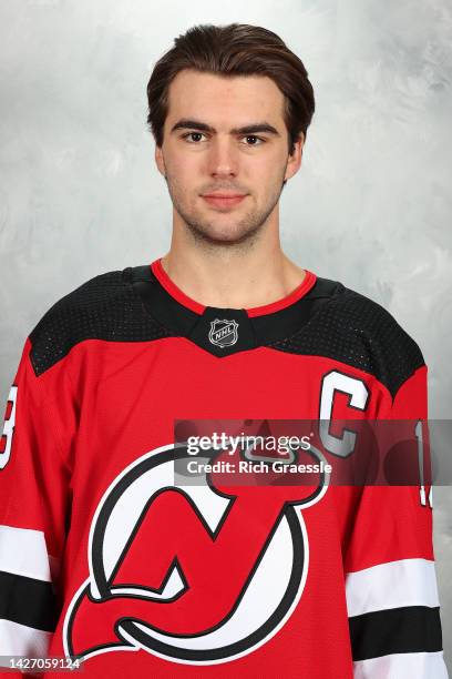 Nico Hischier of the New Jersey Devils poses for his official headshot for the 2022-2023 season on September 21, 2022 at Prudential Center in Newark,...