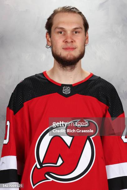 Akira Schmid of the New Jersey Devils poses for his official headshot for the 2022-2023 season on September 14, 2022 at Prudential Center in Newark,...