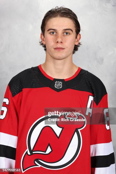 Jack Hughes of the New Jersey Devils poses for his official headshot for the 2022-2023 season on September 21, 2022 at Prudential Center in Newark,...