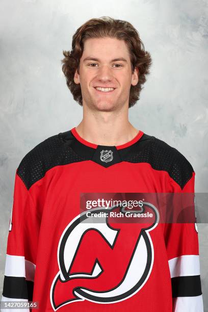 Dawson Mercer of the New Jersey Devils poses for his official headshot for the 2022-2023 season on September 21, 2022 at Prudential Center in Newark,...