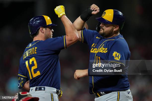 Hunter Renfroe and Rowdy Tellez of the Milwaukee Brewers celebrate after Renfroe hit a home run in the fifth inning against the Cincinnati Reds at...