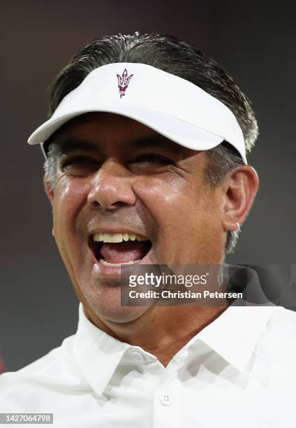 Interim head coach Shaun Aguano of the Arizona State Sun Devils reacts on the field before the NCAAF game against the Utah Utes at Sun Devil Stadium...
