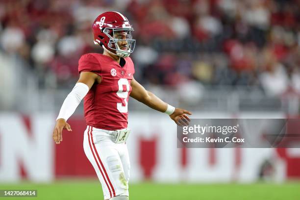 Bryce Young of the Alabama Crimson Tide reacts after a field goal against the Vanderbilt Commodores during the second half of the game at...