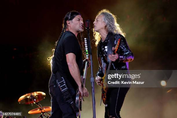 Robert Trujillo and Kirk Hammett of Metallica perform onstage during Global Citizen Festival 2022: New York at Central Park on September 24, 2022 in...