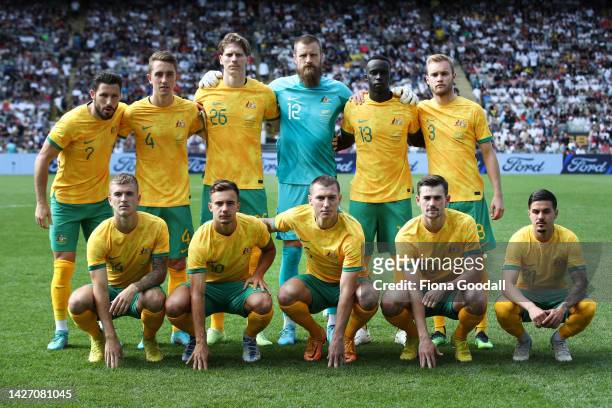 Australia pose for a photograph during the International friendly match between the New Zealand All Whites and Australia Socceroos at Eden Park on...