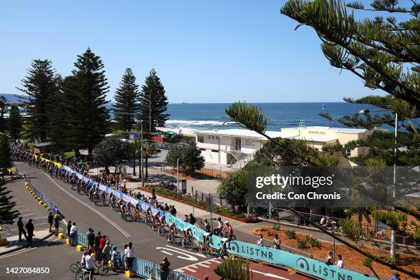 General view of the peloton competing while fans cheer during the 95th UCI Road World Championships 2022, Men Elite Road Race a 266,9km race from...