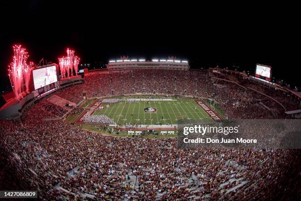 General view from above of the Florida State Seminoles with fireworks going off as they run on to the field before the game against the Boston...