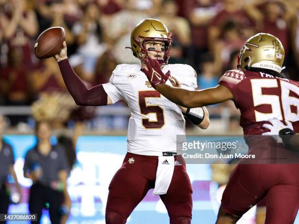 Quarterback Phil Jurkovec of the Boston College Eagles on a pass play over Defensive End Patrick Payton of the Florida State Seminoles at Doak...