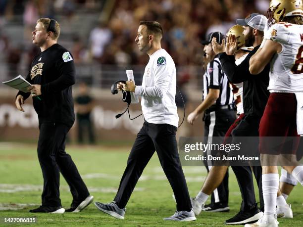 Head Coach Jeff Hafley of the Boston College Eagles on the sidelines during the game against the Florida State Seminoles at Doak Campbell Stadium on...