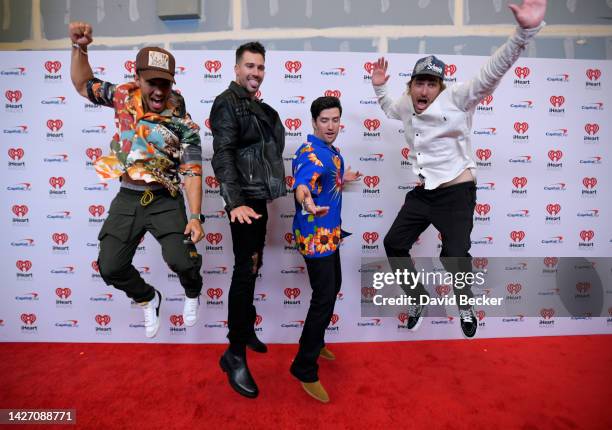 Carlos PenaVega, James Maslow, Logan Henderson, and Kendall Schmidt of Big Time Rush arrive at the 2022 iHeartRadio Music Festival at T-Mobile Arena...