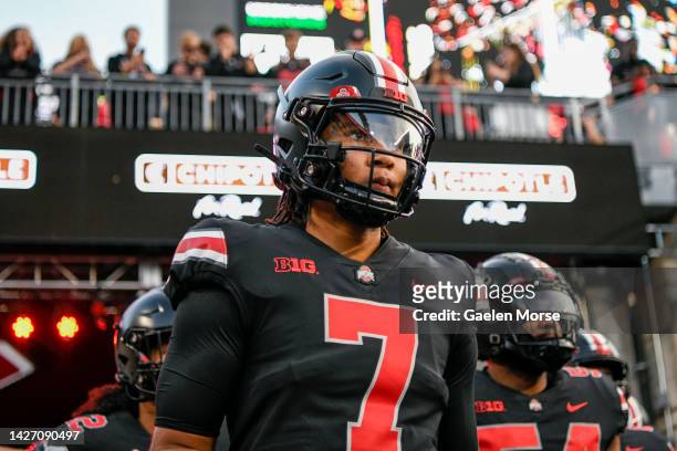 Quarterback C.J. Stroud of the Ohio State Buckeyes takes the field before playing the Wisconsin Badgers at Ohio Stadium on September 24, 2022 in...