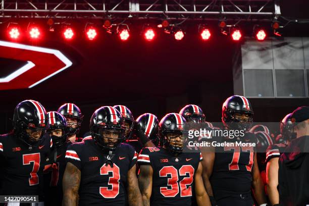 The Ohio State Buckeyes prepare to take the field before playing the Wisconsin Badgers at Ohio Stadium on September 24, 2022 in Columbus, Ohio.