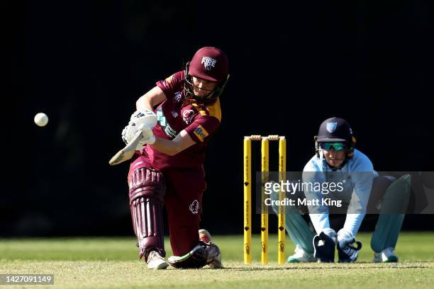 Georgia Redmayne of Queensland bats during the WNCL match between New South Wales and Queensland at North Sydney Oval, on September 25 in Sydney,...