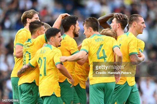 Mitchell Duke of the Socceroos celebrates after scoring a goal during the International Friendly match between the New Zealand All Whites and...