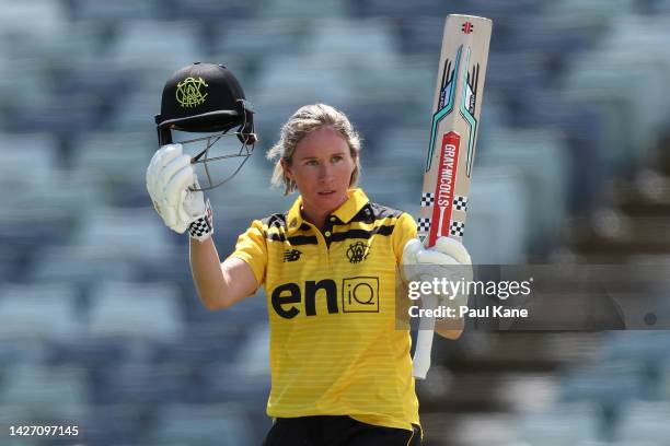 Beth Mooney of Western Australia celebrates her century during the WNCL match between Western Australia and Australian Capital Territory at the WACA,...