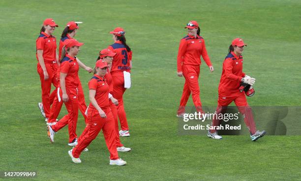 Scorpion players walk off as the rain comes down during the WNCL match between South Australia and Victoria at Karen Rolton Oval, on September 25 in...