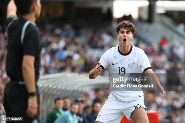 Matt Carbett of New Zealand reacts during the International friendly match between the New Zealand All Whites and Australia Socceroos at Eden Park on...