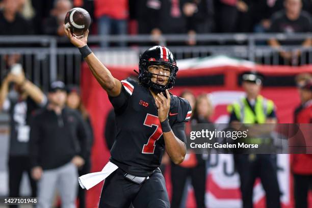 Quarterback C.J. Stroud of the Ohio State Buckeyes throws the ball in the third quarter against the Wisconsin Badgers at Ohio Stadium on September...