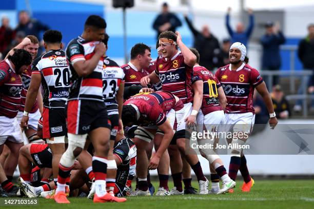 Southland celebrate a try during the round eight Bunnings NPC match between Southland and Counties Manukau at Rugby Park Stadium, on September 25 in...