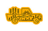 Wanderlust and adventure car nature wildlife in mono line art for t-shirt, sticker, badge, etc