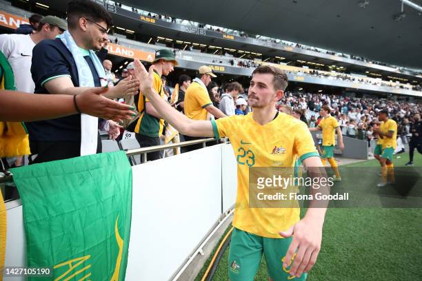 Connor Metcalfe of Australia thanks the fans during the International friendly match between the New Zealand All Whites and Australia Socceroos at...