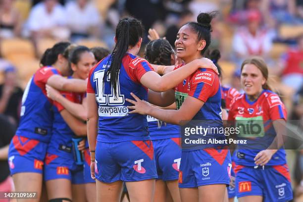 Knights celebrate victory during the NRLW Semi Final match between the Newcastle Knights and the St George Illawarra Dragons at Suncorp Stadium on...