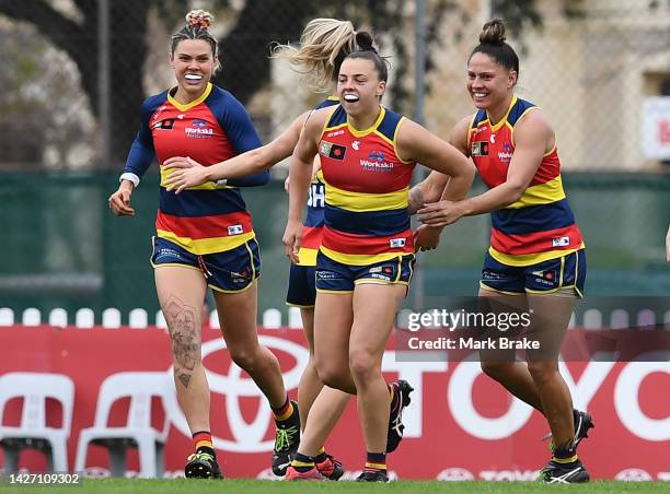 Ebony Marinoff of the Crows celebrates a goal during the round five AFLW match between the Adelaide Crows and the Greater Western Sydney Giants at...
