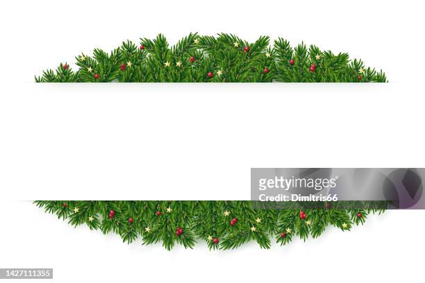 stockillustraties, clipart, cartoons en iconen met christmas and new year realistic vector garland frame. fir tree design element with glitter, gold stars and holly berries. - holiday wreath