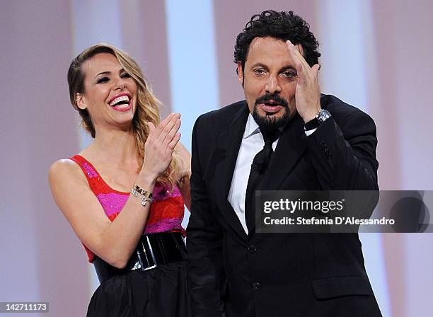 Ilary Blasi and Enrico Brignano attend 'Le Iene' Italian TV Show on April 11, 2012 in Milan, Italy.