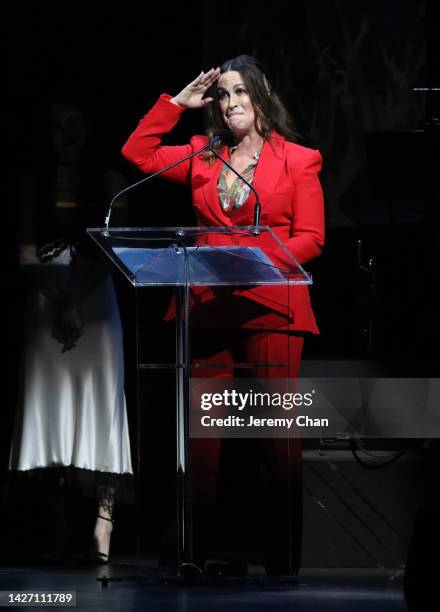 Alanis Morissette, 2022 Inductee speaks onstage during the 2022 Canadian Songwriters Hall Of Fame Gala at Massey Hall on September 24, 2022 in...