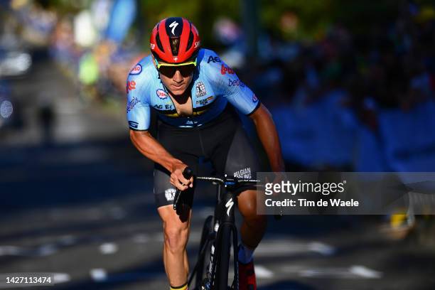 Remco Evenepoel of Belgium attacks during the 95th UCI Road World Championships 2022, Men Elite Road Race a 266,9km race from Helensburgh to...