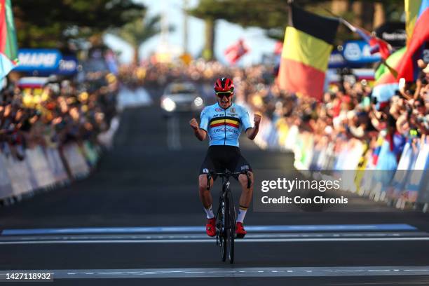 Remco Evenepoel of Belgium celebrates at finish line as race winner during the 95th UCI Road World Championships 2022, Men Elite Road Race a 266,9km...