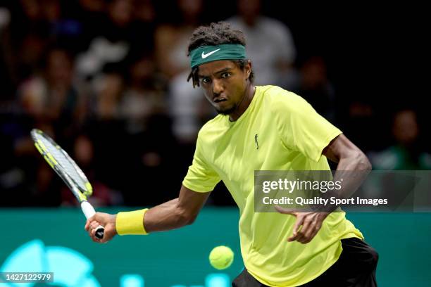 Elias Ymer of Sweden returns a shot against Matteo Berrettini of Italy during the Davis Cup Group Stage 2022 Bologna match between Italy and Sweden...