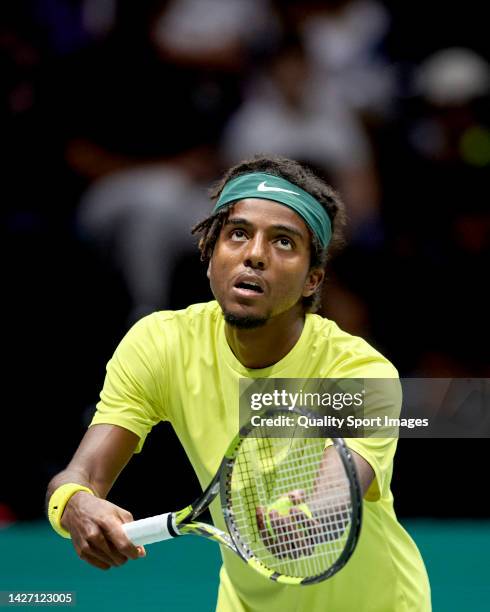 Elias Ymer of Sweden looks on against Matteo Berrettini of Italy during the Davis Cup Group Stage 2022 Bologna match between Italy and Sweden at...