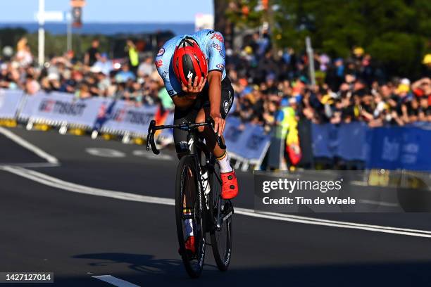 Gold medalist Remco Evenepoel of Belgium celebrates winning after the 95th UCI Road World Championships 2022, Men Elite Road Race a 266,9km race from...