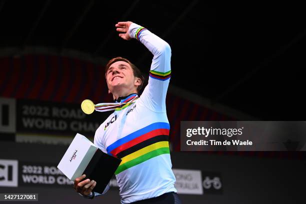 Gold medalist Remco Evenepoel of Belgium celebrates winning during the medal ceremony after the 95th UCI Road World Championships 2022, Men Elite...